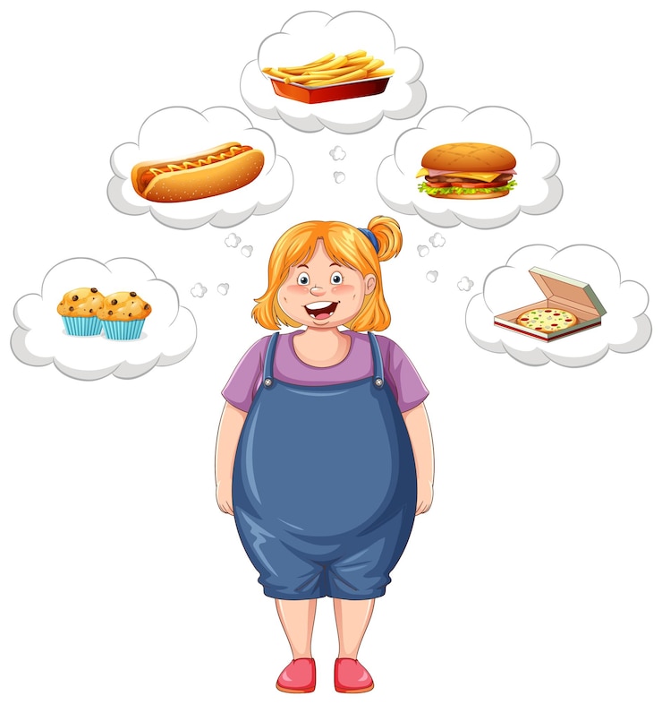 Gratis Vector meisje met overgewicht dat aan fastfood denkt