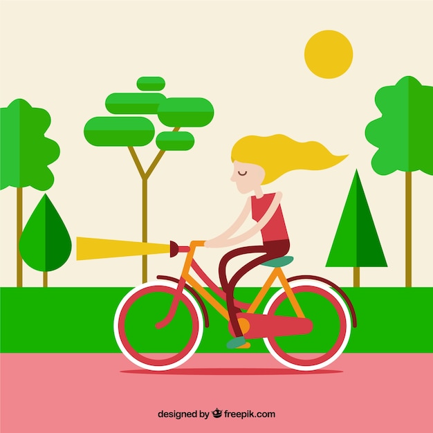 Gratis vector meisje op haar fiets in een park achtergrond