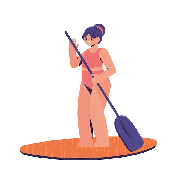 Gratis vector meisje roeit op surfboard icoon geïsoleerd