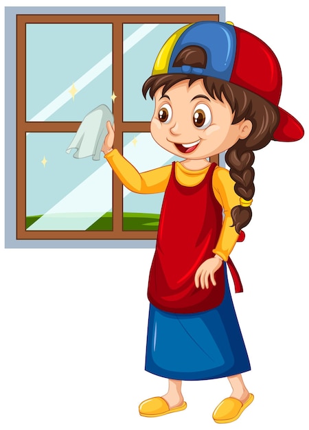Gratis vector meisje schoonmaak venster op geïsoleerde achtergrond