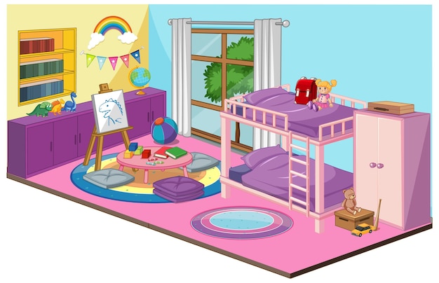 Meisje slaapkamer interieur met meubels en decoratie-elementen in roze thema