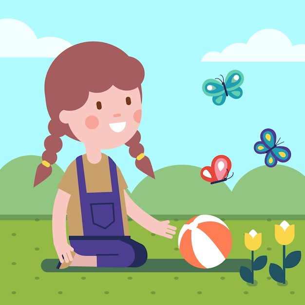 Meisje speelt bal op een weide met bloemen