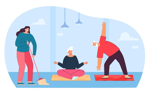 Gratis vector meisje vegen in sportschool platte vectorillustratie. schoonmaakster aan het werk terwijl bejaarde echtpaar aan het sporten of yoga doet. schoonmaakservice, bezettingsconcept voor banner, websiteontwerp of bestemmingswebpagina