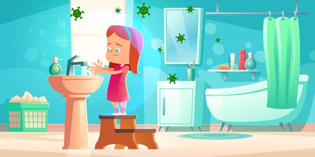 Meisje wast handen in badkamer met vliegende bacteriën