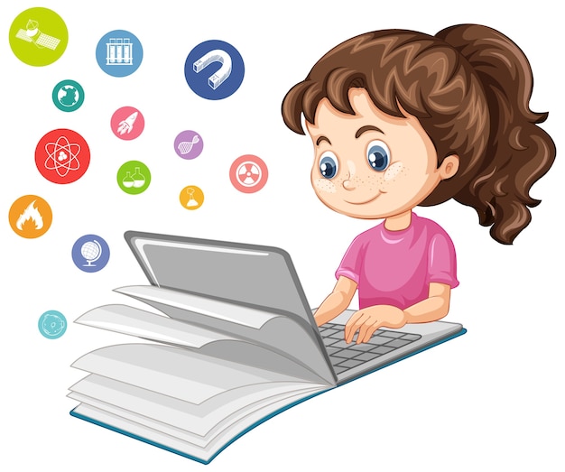 Gratis vector meisje zoeken op laptop met onderwijs pictogram cartoon stijl geïsoleerd op een witte achtergrond