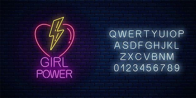 Meisjes macht teken in neon stijl met alfabet op donkere bakstenen muur achtergrond. gloeiend symbool van vrouwelijke slogan met hart en bliksemvormen. vrouwenrechten. vector illustratie.