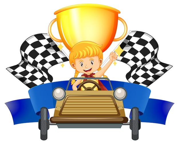 Gratis vector meisjesautoracer op trofee en racevlag