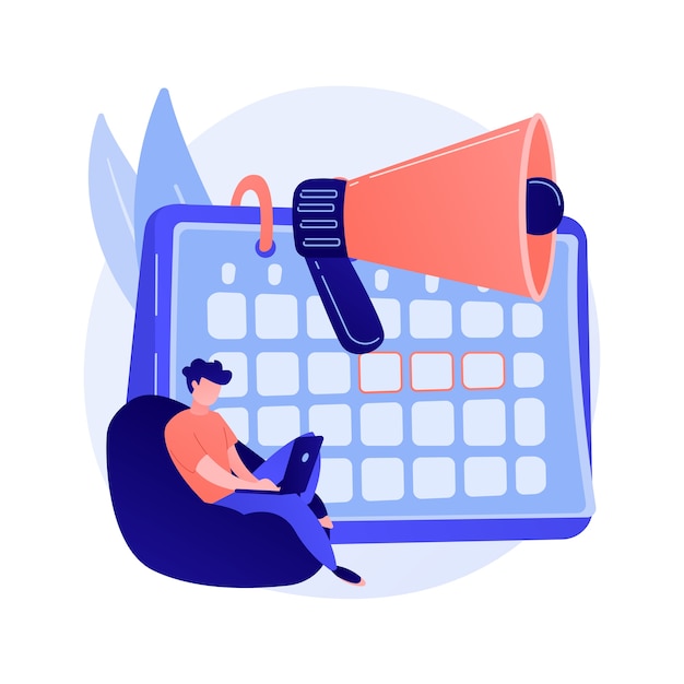 Gratis vector melding van evenementenkalender. freelancer-project, deadline datum, afspraakherinnering. kalender en megafoon geïsoleerd ontwerpelement. time management concept illustratie