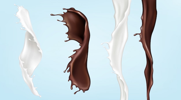 Gratis vector melk- en chocoladestromen, gieten wervelende vloeistoffen