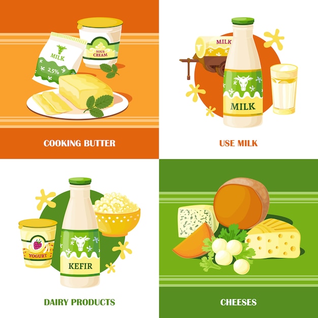 Gratis vector melk en kaas 2x2 ontwerpconcept