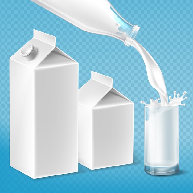 Gratis vector melkverpakkingsset, wervelend in het glas van de fles. bespotten van boerderijproducten