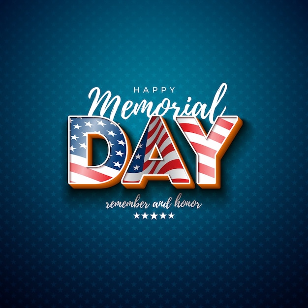 Memorial day van de vs ontwerpsjabloon met amerikaanse vlag in 3d-brief op lichte ster patroon achtergrond. nationale patriottische viering illustratie voor banner, wenskaart of vakantie poster