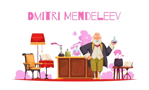 Gratis vector mendeleev-compositie met bewerkbare tekst en weergave van vintage kamermeubilair met reageerbuizen en potten