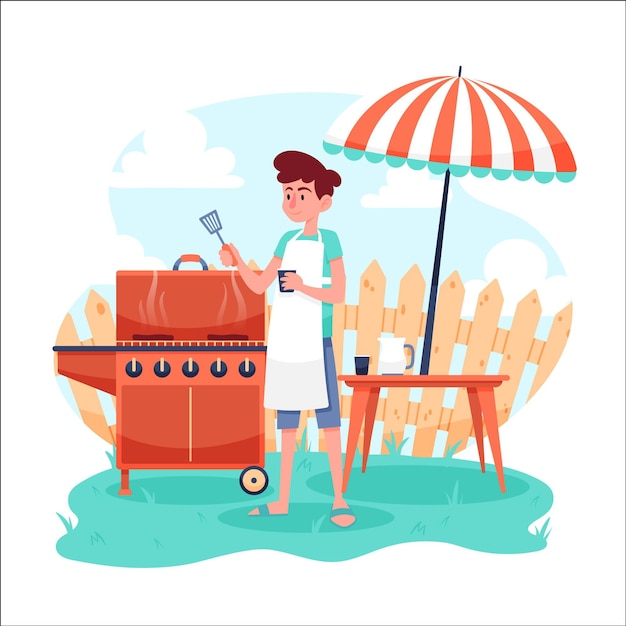 Gratis vector mens die bbq in zijn binnenplaats maakt