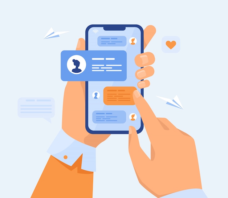 Gratis Vector menselijke hand met mobiele telefoon met tekstberichten