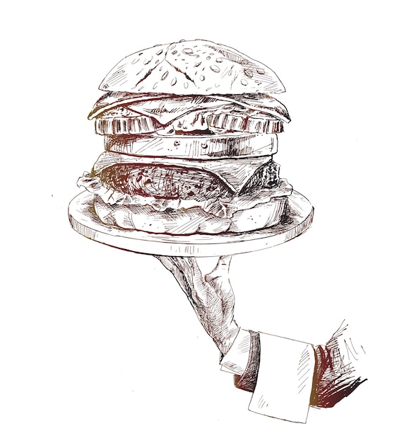 Menselijke hand met plaat van hongerige hamburger concept Hand getrokken schets vectorillustratie