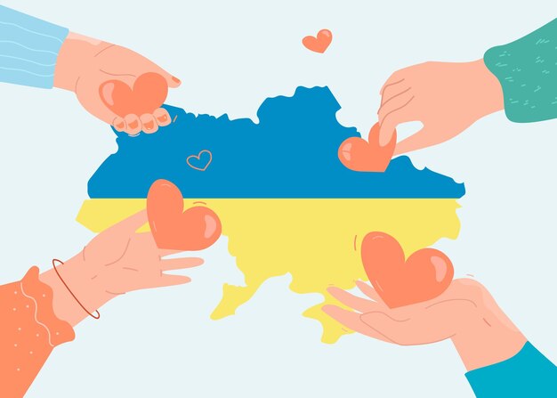 Menselijke handen die harten geven aan de kaart van Oekraïne. Fondsenwerving door mensen voor vluchtelingen, hulp van Oekraïense leger platte vectorillustratie. Liefdadigheidsconcept voor banner, websiteontwerp of bestemmingswebpagina