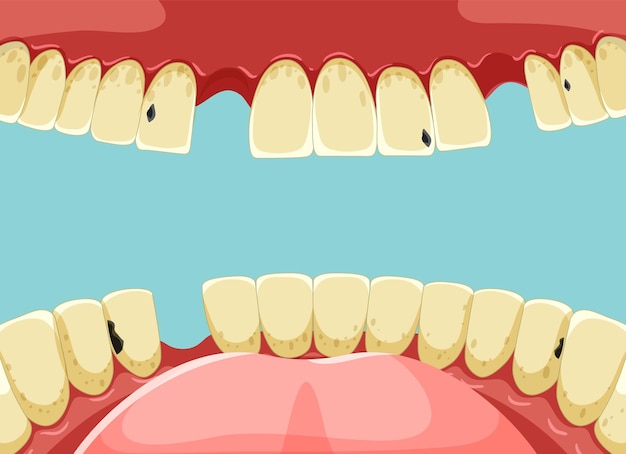Menselijke tanden in mond met gele gebroken tand