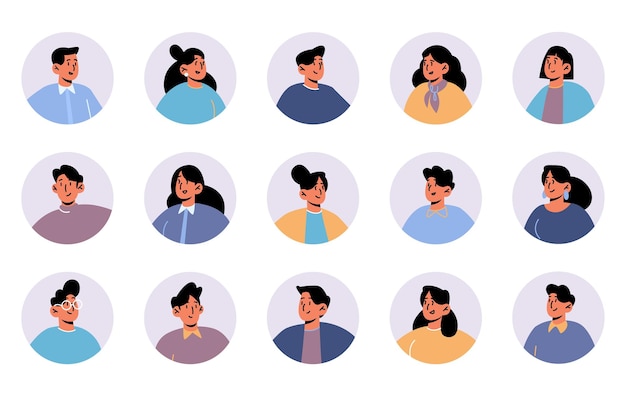 Mensen avatars ronde pictogrammen met gezichten van mannelijke en vrouwelijke karakters jonge mannen of vrouwen met zwarte haarkleur verschillende portretten voor sociale media en webdesign geïsoleerd line art platte vector set