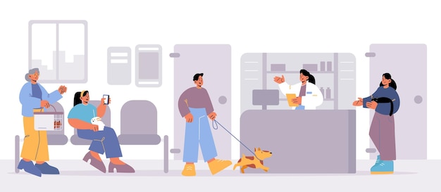 Mensen bezoeken dierenarts kliniek eigenaren van gezelschapsdieren met dieren wachten in veterinaire kliniek wachtrij zitten op stoelen in ziekenhuis interieur met zieke honden katten en konijn in de buurt van teller lijntekeningen vectorillustratie