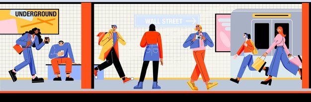 Gratis vector mensen bij metro platform trein metrostation
