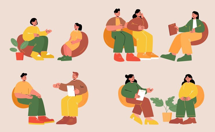 Gratis Vector mensen bij psycholoog counseling. patiëntkarakters communiceren met de arts over mentale problemen. kind, familie paar, mannen en vrouwen praten met specialist, line art platte vectorillustratie, set