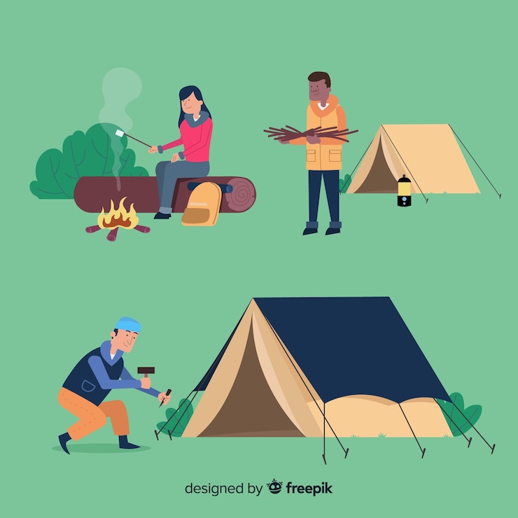 Gratis Vector mensen die bij de berg kamperen