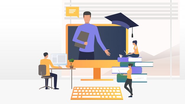 Mensen die computers gebruiken en studeren op online school