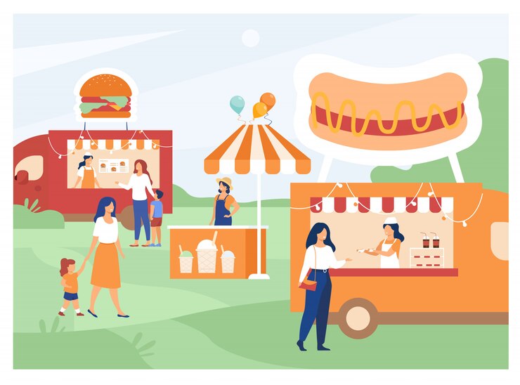 Gratis Vector mensen die een straatvoedselbeurs bezoeken