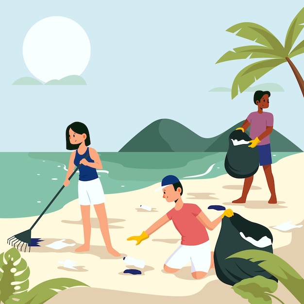 Gratis vector mensen die het concept van de strandillustratie schoonmaken