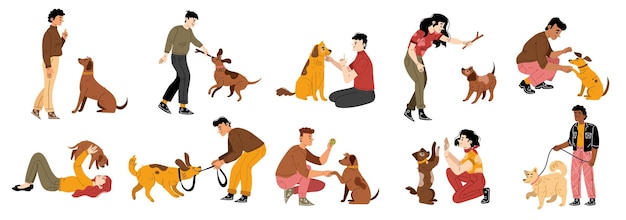 Gratis vector mensen die honden trainen knuffelen en spelen met puppy's