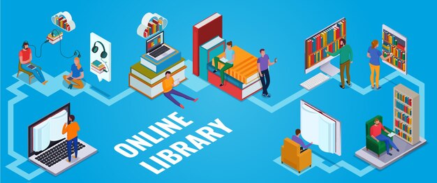 Mensen die online bibliotheek horizontaal isometrisch concept op blauwe 3d gebruiken