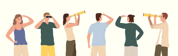 Gratis Vector mensen die op afstand kijken naar toekomstige platte composities met mannen en vrouwen die een verrekijker en verrekijker gebruiken vectorillustratie