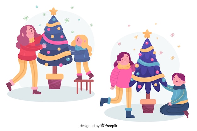 Gratis vector mensen die samen geïllustreerde kerstmisboom verfraaien