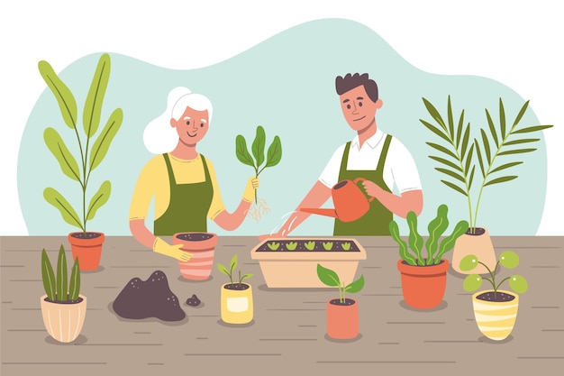 Gratis vector mensen die samen voor planten zorgen