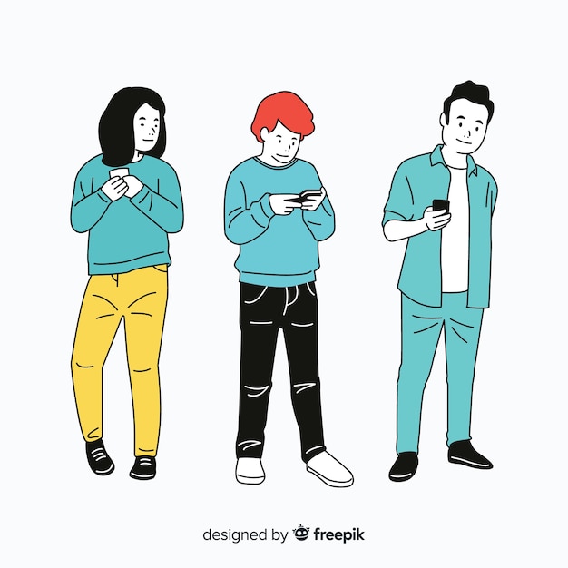 Mensen die smartphones in Koreaanse tekenstijl houden