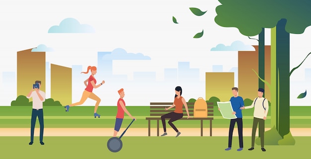 Gratis vector mensen die sporten doen en in de stadspark van de zomer ontspannen