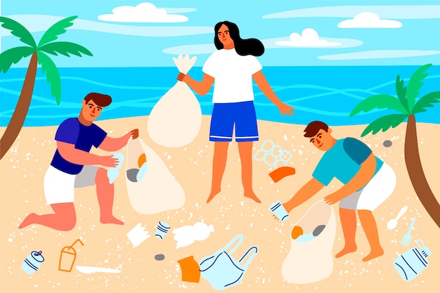 Gratis vector mensen die strandconcept schoonmaken