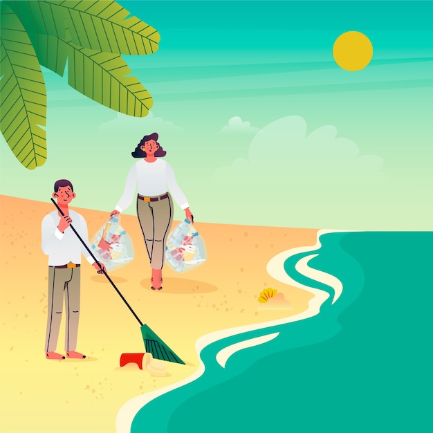 Gratis vector mensen die strandillustratie schoonmaken