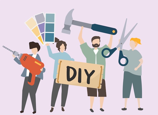 Mensen die verschillende diy-hulpmiddelenillustratie dragen