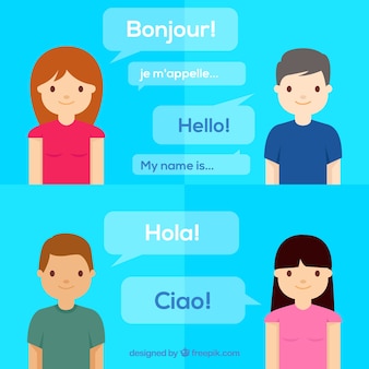 Mensen die verschillende talen spreken met een plat ontwerp