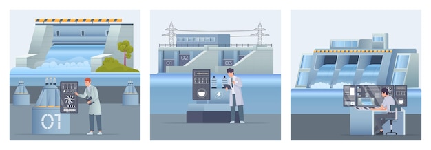 Mensen die werken bij waterkrachtcentrales platte set geïsoleerde vector illustratie