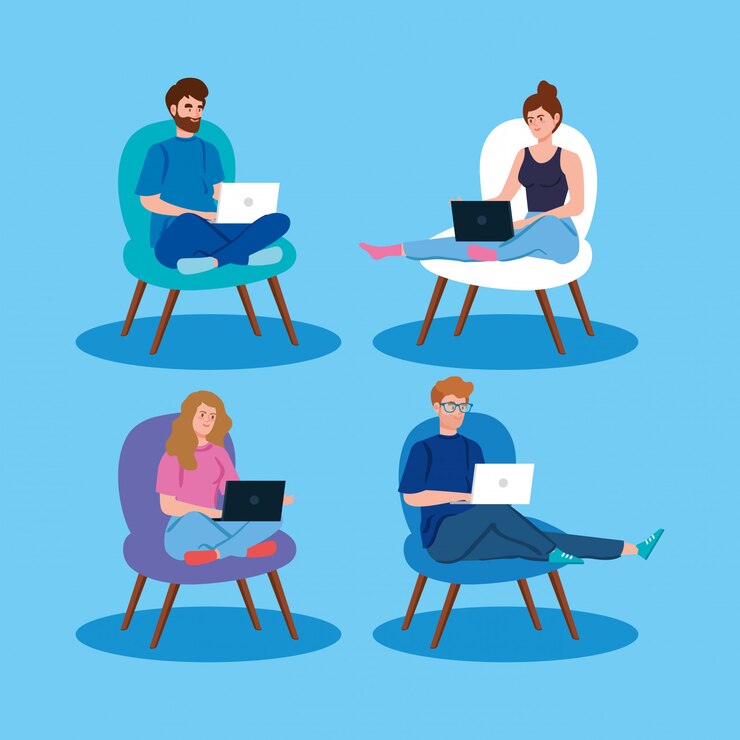 Gratis Vector mensen die werken in telewerken met laptop zittend in stoelen