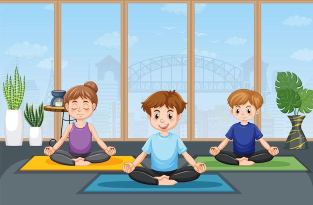 Gratis vector mensen die yoga-oefeningen en meditatie beoefenen