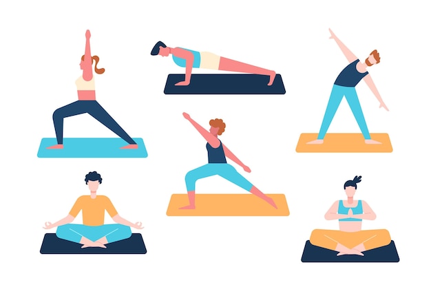 Gratis vector mensen die yoga plat ontwerp doen