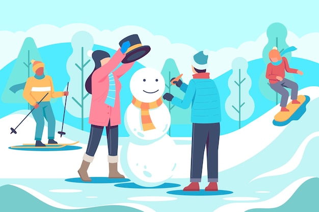 Gratis vector mensen doen winteractiviteiten in de buitenlucht