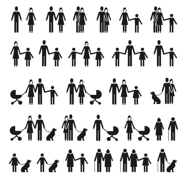 Mensen en familie pictogrammen. Man en vrouw, kind en huisdier pictogrammen.