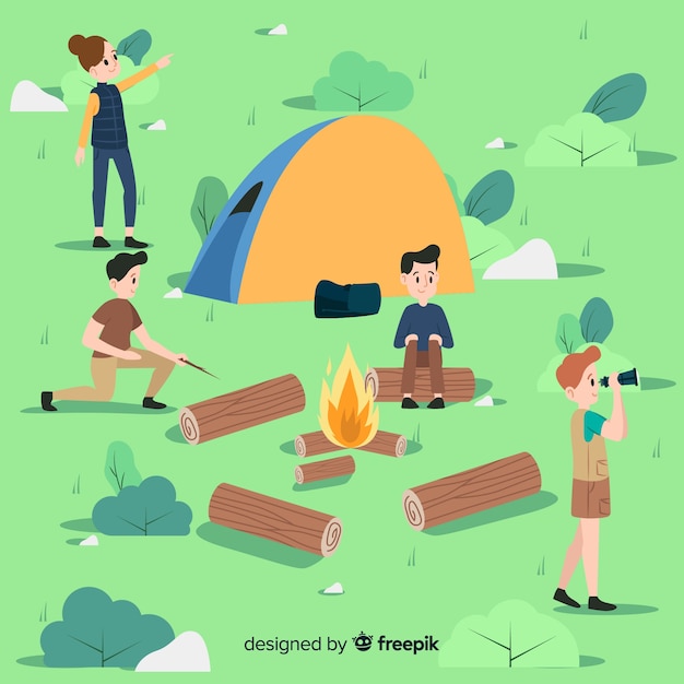 Gratis vector mensen genieten op een camping