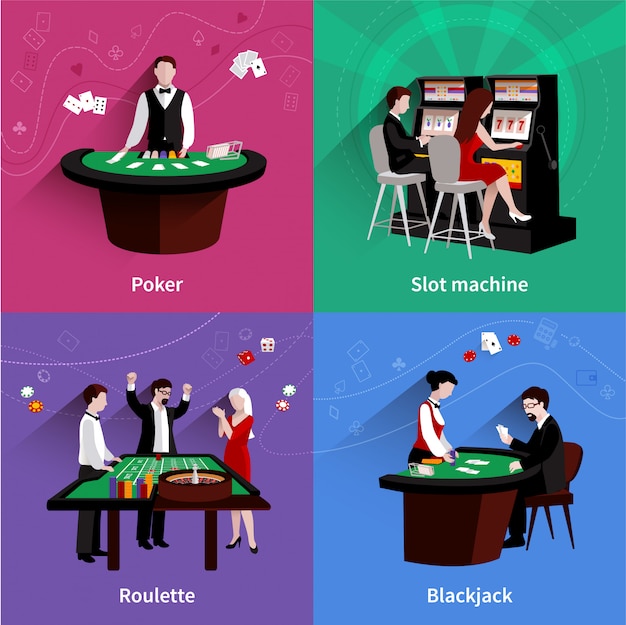 Mensen in casino ontwerpconcept met platte poker slotmachine roulette blackjack pictogrammen