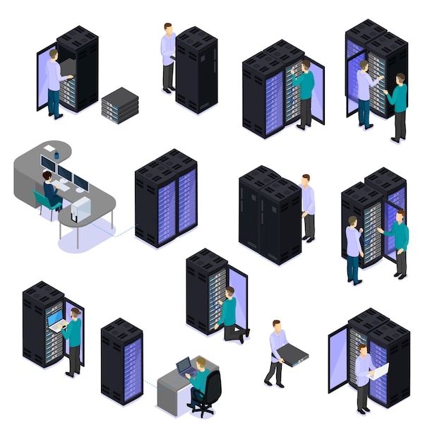 Gratis vector mensen in datacenter isometrische set